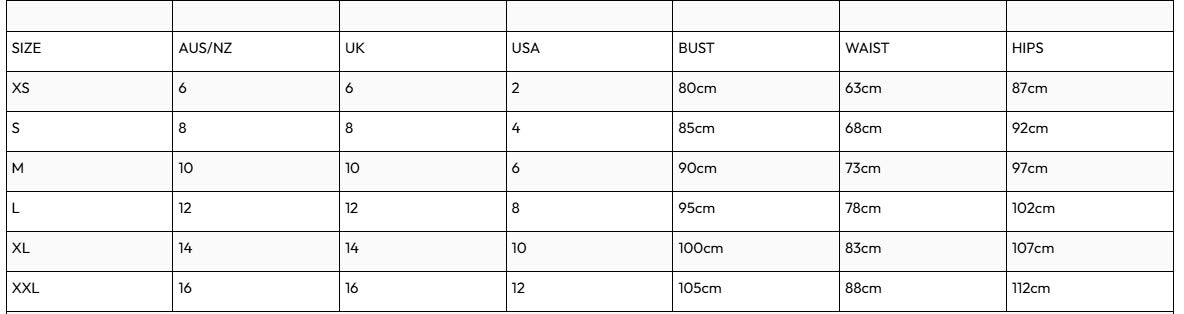 Measurement chart for various sizes in AU/INZ, UK, USA, Bust, Waist, and Hip measurements.
