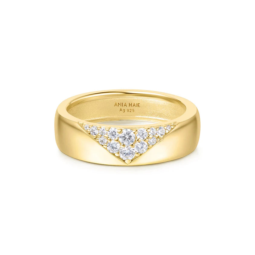 Gold ring with Cubic Zirconia diamond look accents on a white background